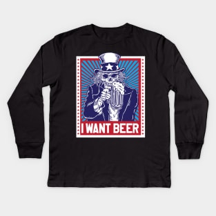 Funny Uncle Sam I Want Beer Patriotic Design Kids Long Sleeve T-Shirt